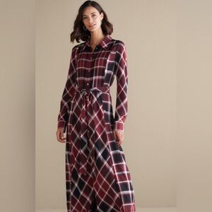 Soft Surroundings Burgundy Plaid Long Sleeve Dress